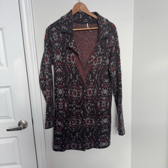 Free People Black South-West Aztec Geo Print Long Cozy Jacket Wool Alpaca S - Picture 3 of 5